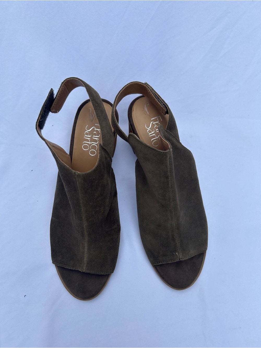 Franco Sarto Olive Suede Open-Toe Slingback Block Heels Size 8